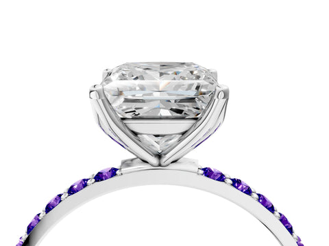 White gold Princess Cut Diamond Solitaire Engagement Ring with Round with Tanzanite side stone Pavé Band and Prong Setting_16