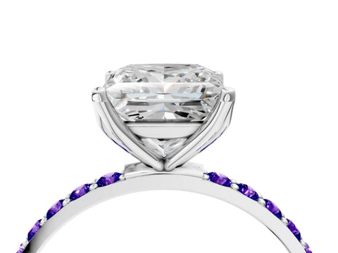 White gold Princess Cut Diamond Solitaire Engagement Ring with Round with Tanzanite side stone Pavé Band and Prong Setting_16