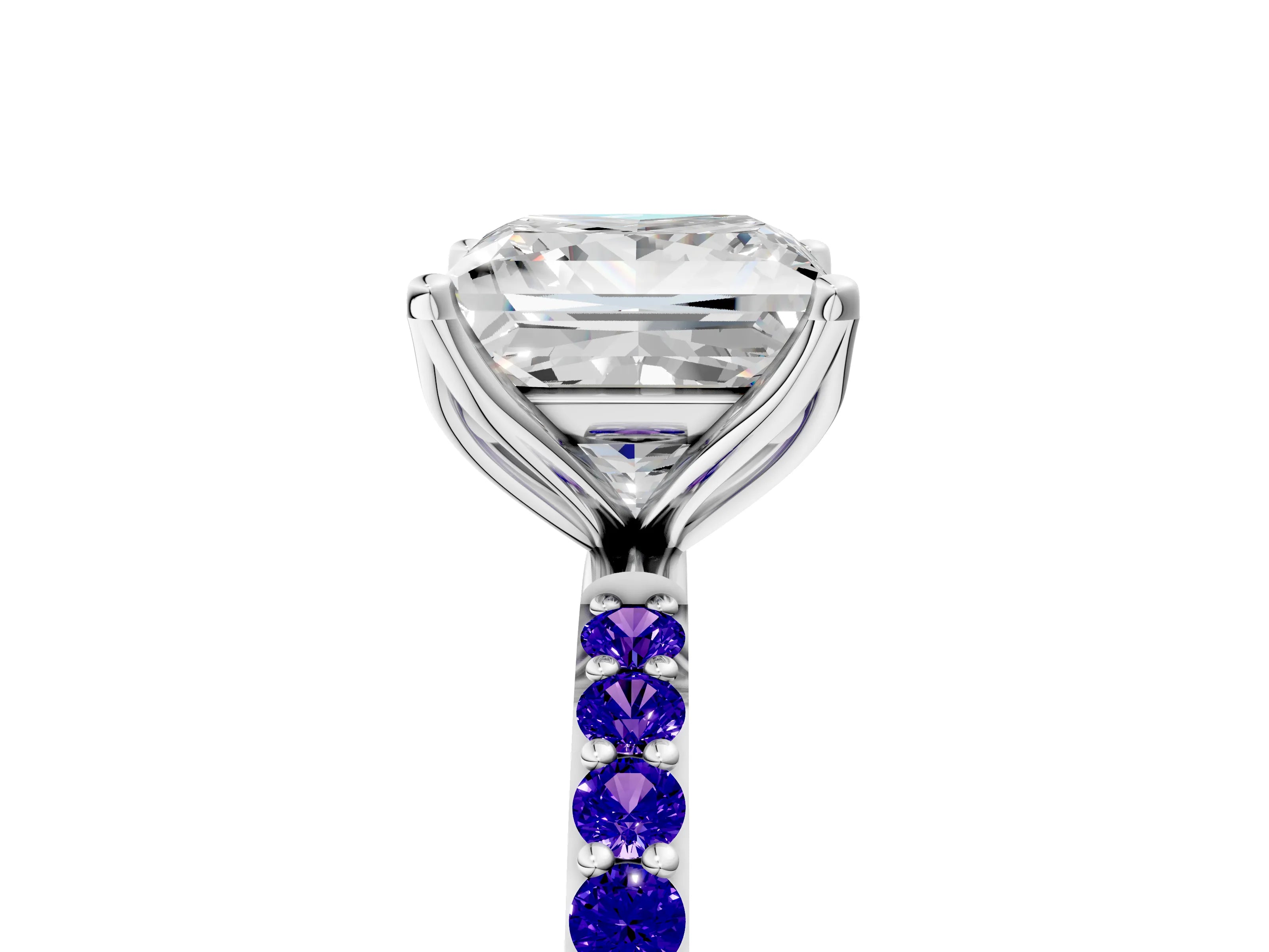 White gold Princess Cut Diamond Solitaire Engagement Ring with Round with Tanzanite side stone Pavé Band and Prong Setting_17