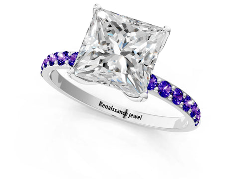 White gold Princess Cut Diamond Solitaire Engagement Ring with Round with Tanzanite side stone Pavé Band and Prong Setting_19