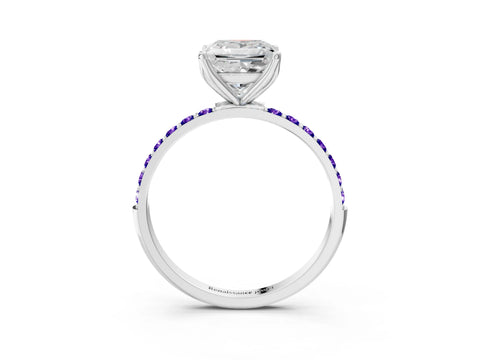 White gold Princess Cut Diamond Solitaire Engagement Ring with Round with Tanzanite side stone Pavé Band and Prong Setting_3