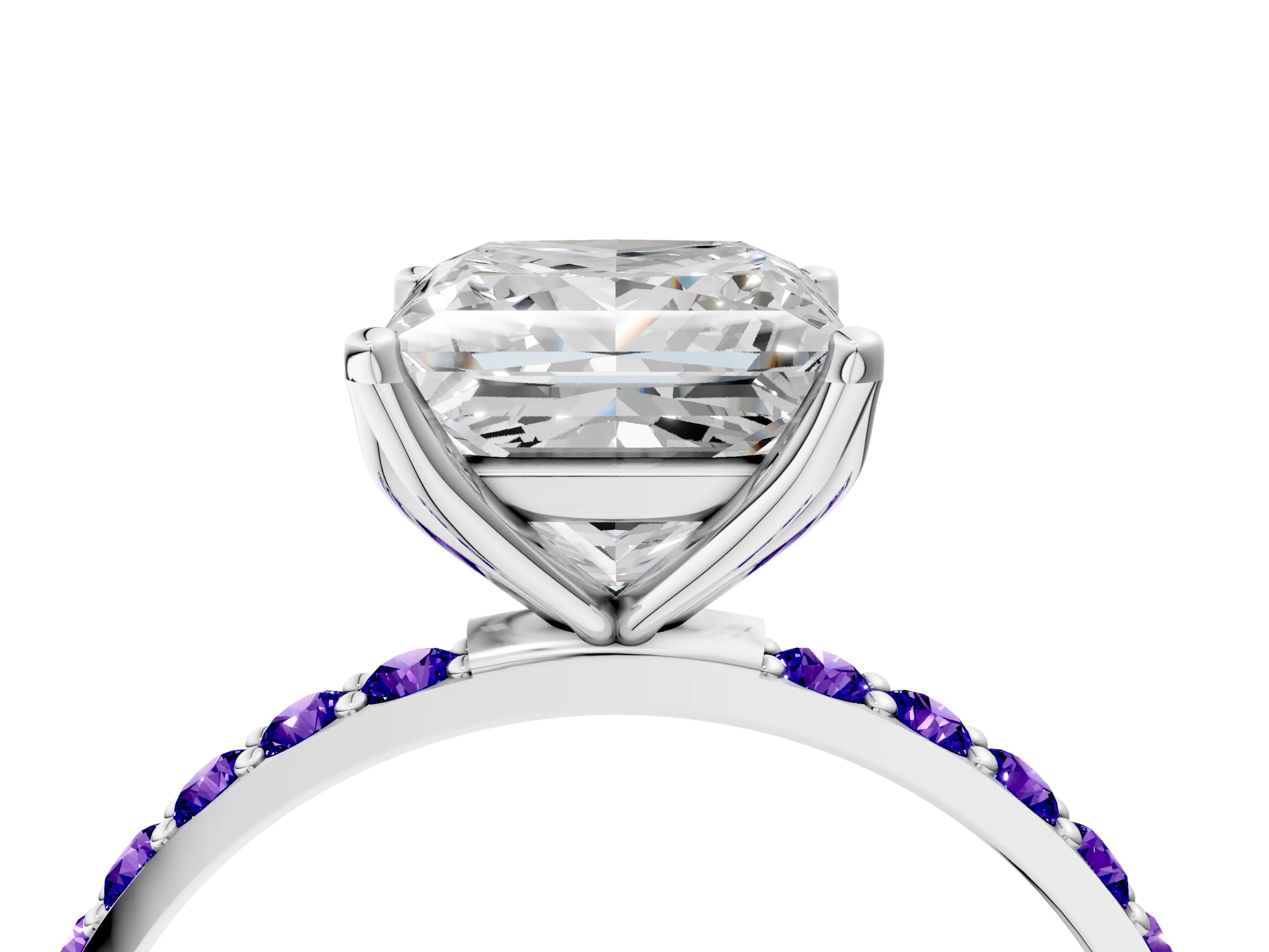 White gold Princess Cut Diamond Solitaire Engagement Ring with Round with Tanzanite side stone Pavé Band and Prong Setting_4