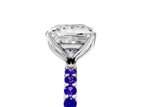 White gold Princess Cut Diamond Solitaire Engagement Ring with Round with Tanzanite side stone Pavé Band and Prong Setting_5