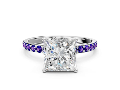 White gold Princess Cut Diamond Solitaire Engagement Ring with Round with Tanzanite side stone Pavé Band and Prong Setting