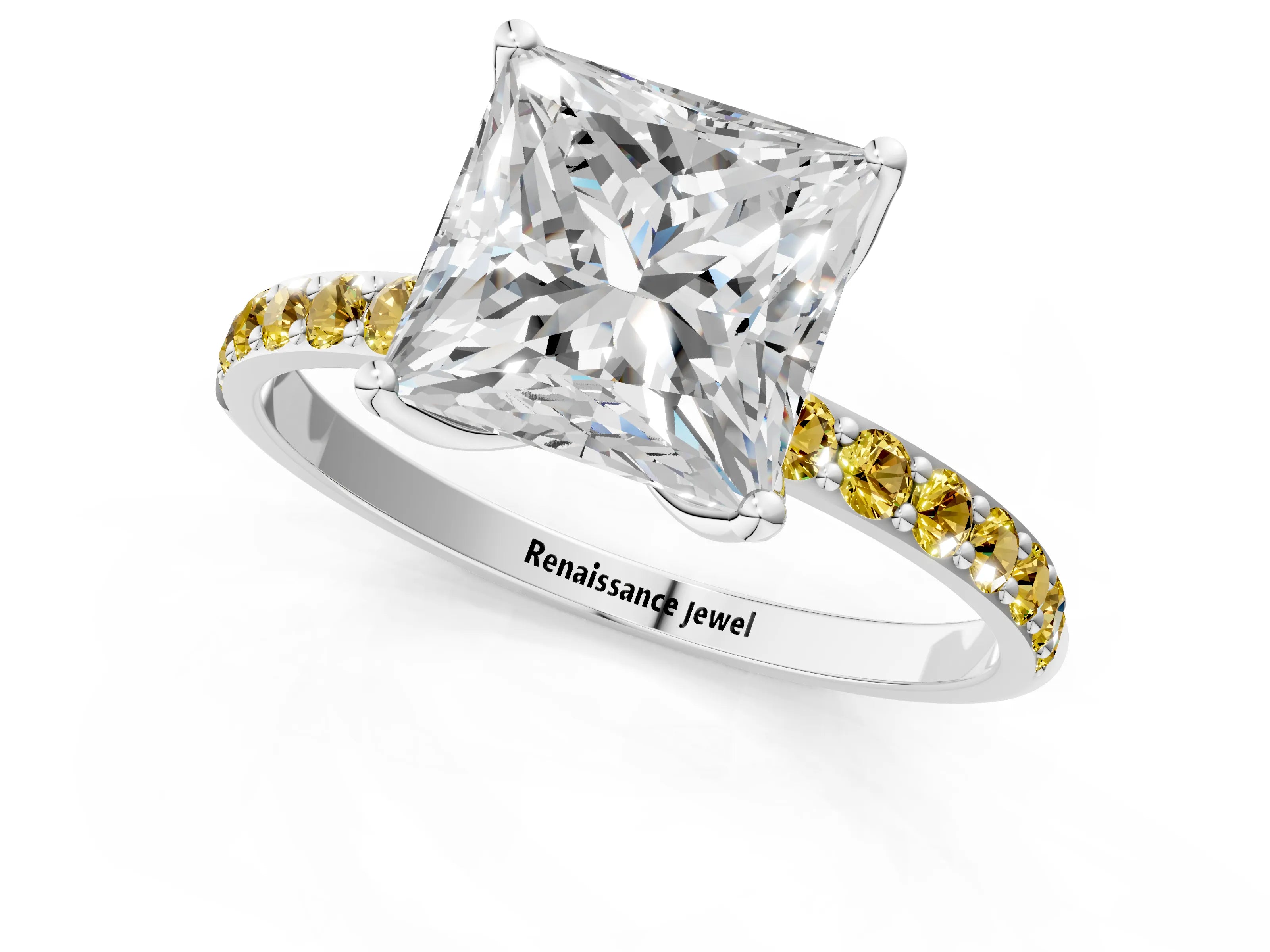White gold Princess Cut Diamond Solitaire Engagement Ring with Round with Yellow Sapphire side stone Pavé Band and Prong Setting_13