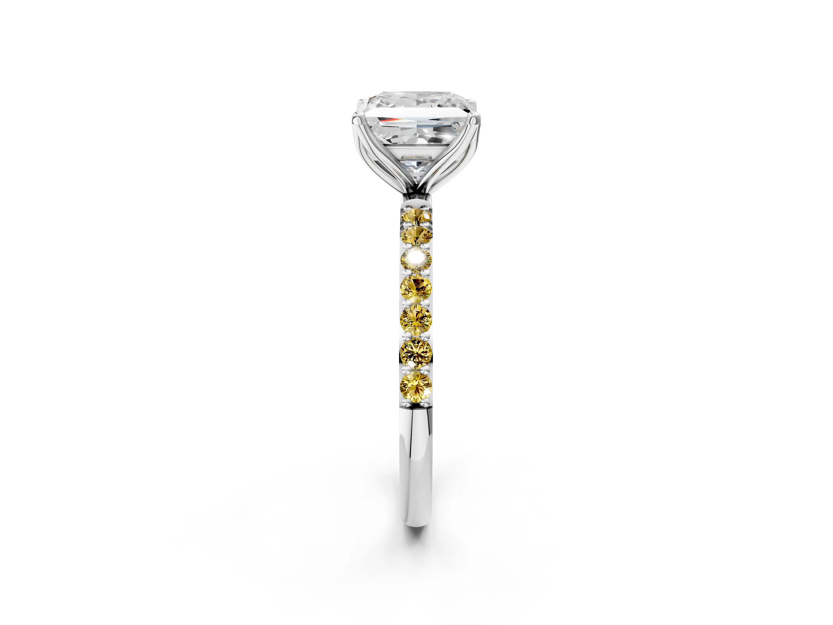 White gold Princess Cut Diamond Solitaire Engagement Ring with Round with Yellow Sapphire side stone Pavé Band and Prong Setting_14