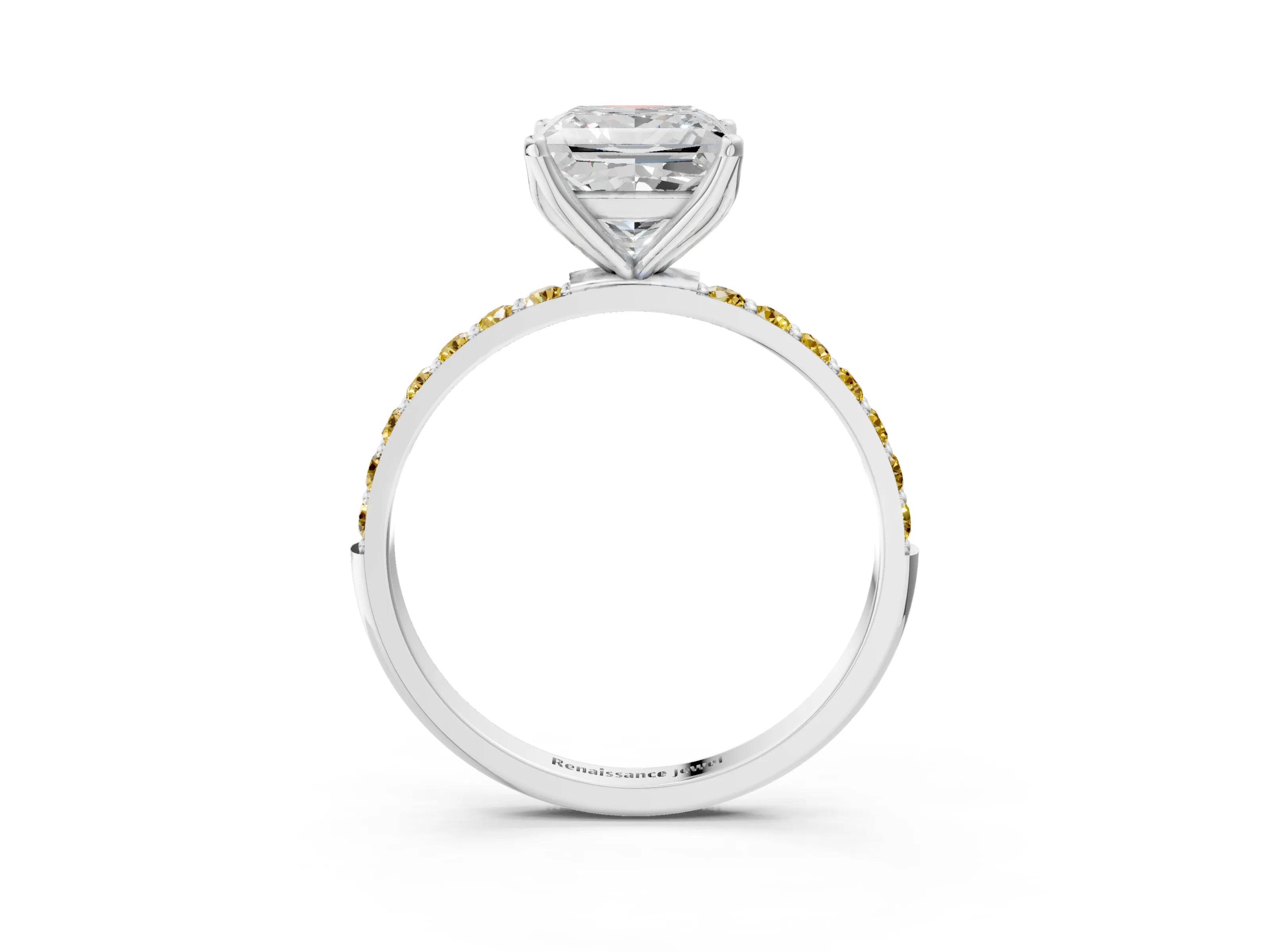 White gold Princess Cut Diamond Solitaire Engagement Ring with Round with Yellow Sapphire side stone Pavé Band and Prong Setting_15
