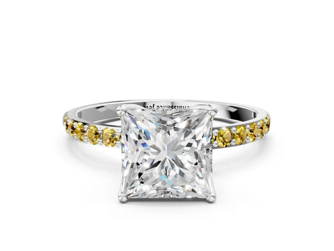 White gold Princess Cut Diamond Solitaire Engagement Ring with Round with Yellow Sapphire side stone Pavé Band and Prong Setting_24