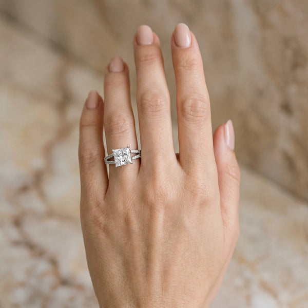 White gold Princess Cut Diamond Solitaire Engagement Ring with Split Shank Pavé Band