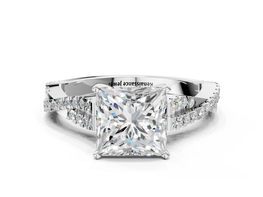 White gold Princess Cut Diamond Solitaire Engagement Ring with Twisted Pavé Band and Four-Prong Setting_74