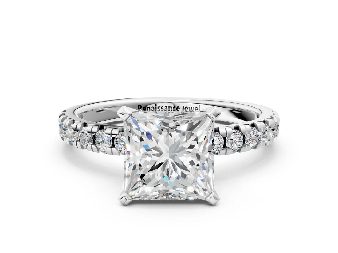 White gold Princess Cut Diamond Solitaire Pavé Engagement Ring with Round Band and Prong Setting_62