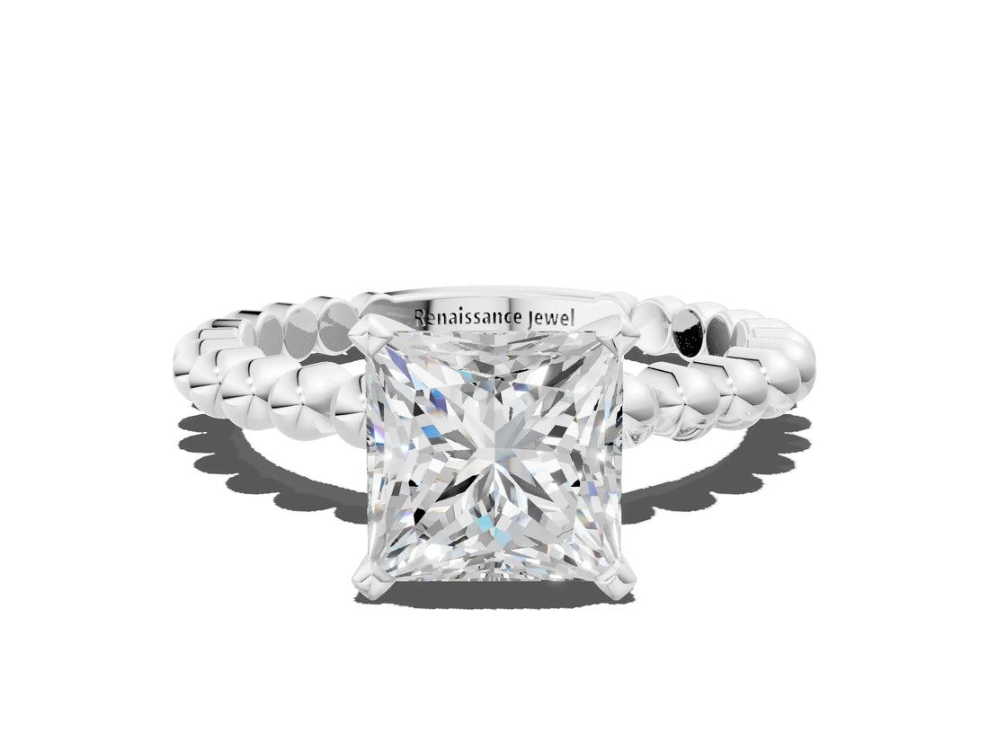 White gold Princess Cut Diamond Solitaire Ring with Beaded Band and Prong Setting_323