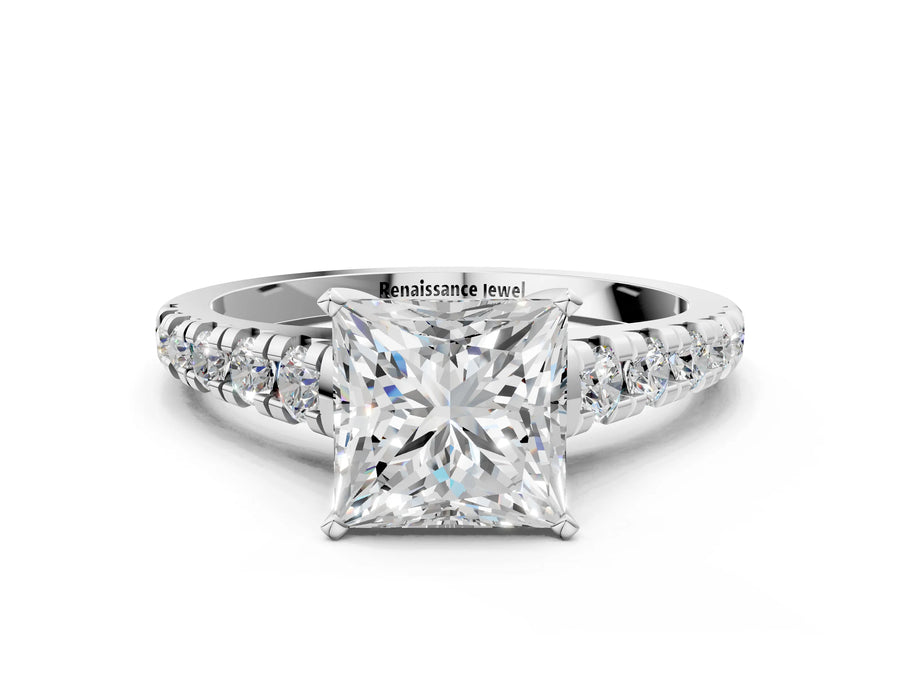 White gold Princess Cut Diamond Cathedral Solitaire Ring with Round  Pavé Band