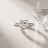 White gold Princess Cut Diamond Solitaire Ring with Cathedral Setting and Pavé Band_227