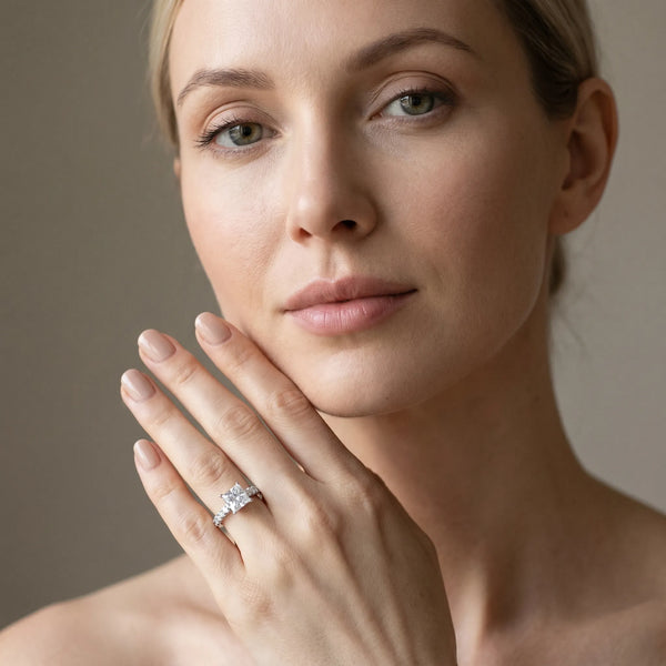 White gold Princess Cut Diamond Cathedral Solitaire Ring with Round  Pavé Band