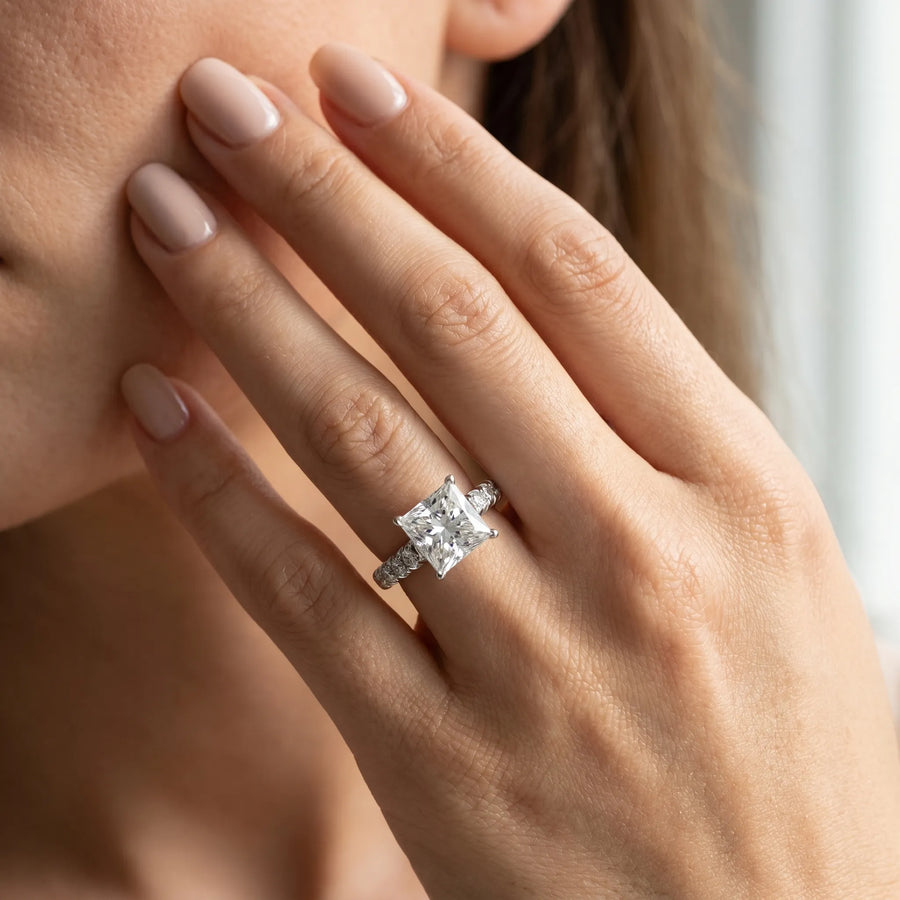 White gold Princess Cut Diamond Cathedral Solitaire Ring with Round  Pavé Band
