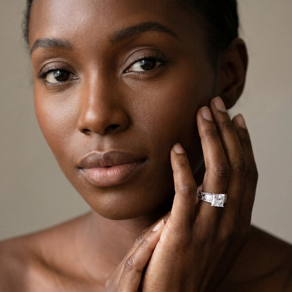 White gold Princess Cut Diamond Solitaire Ring with Engraved Band and Four-Prong Setting