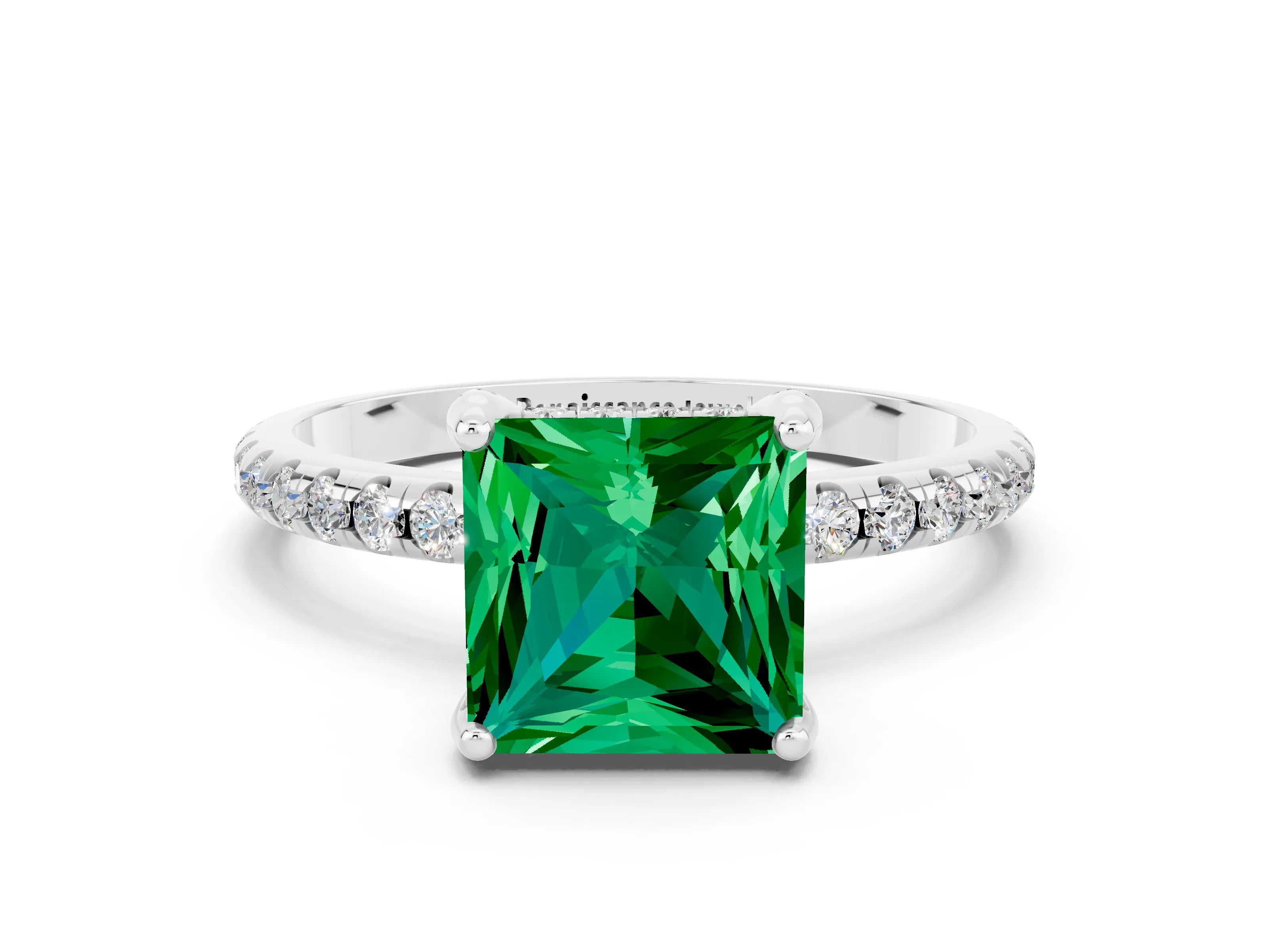 White gold Princess Cut Diamond Solitaire Ring with Four-Prong Setting and Pavé Band