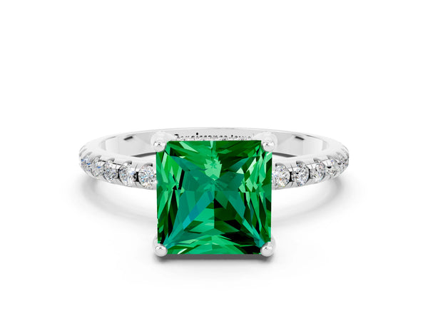 Platinum Princess Cut Emerald Hidden Halo Engagement Ring with Round Pavé Band and Prong Setting
