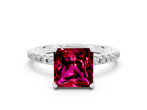 Platinum Princess Cut Garnet Hidden Halo Engagement Ring with Round Pavé Band and Prong Setting