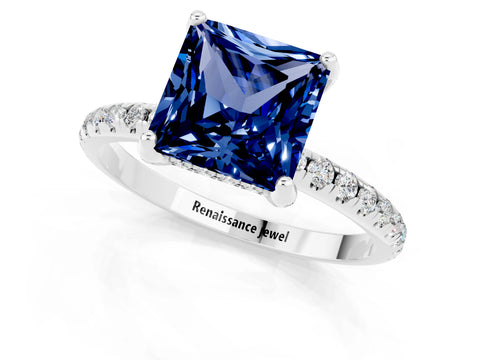 White gold Princess Cut Diamond Solitaire Ring with Four-Prong Setting and Pavé Band_1