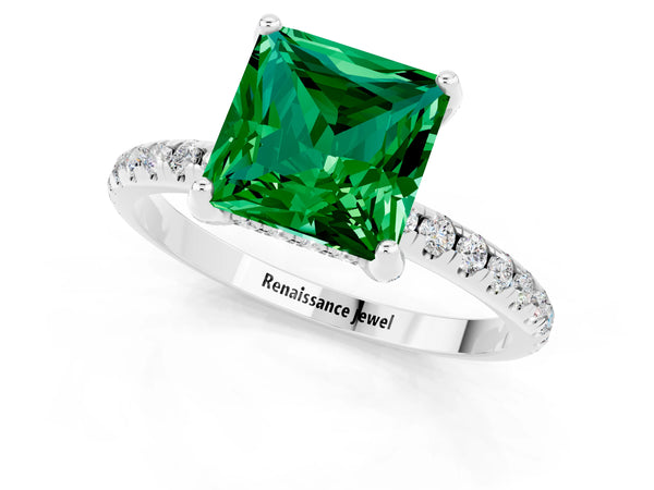 White gold Princess Cut Emerald Hidden Halo Engagement Ring with Round Pavé Band and Prong Setting