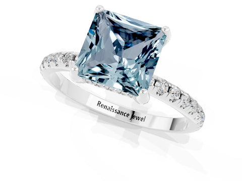 White gold Princess Cut Diamond Solitaire Ring with Four-Prong Setting and Pavé Band_1