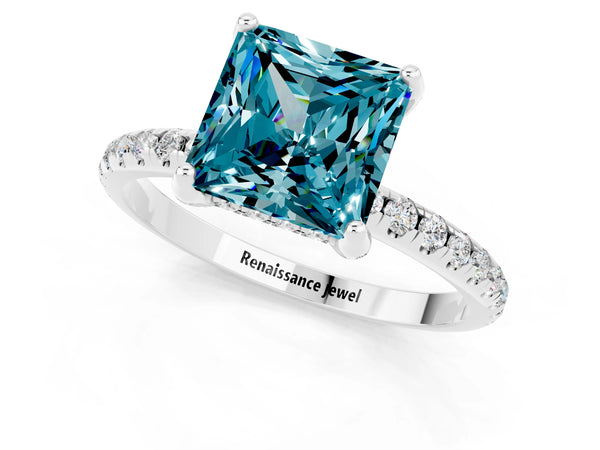 Platinum Princess Cut Diamond Solitaire Ring with Four-Prong Setting and Pavé Band