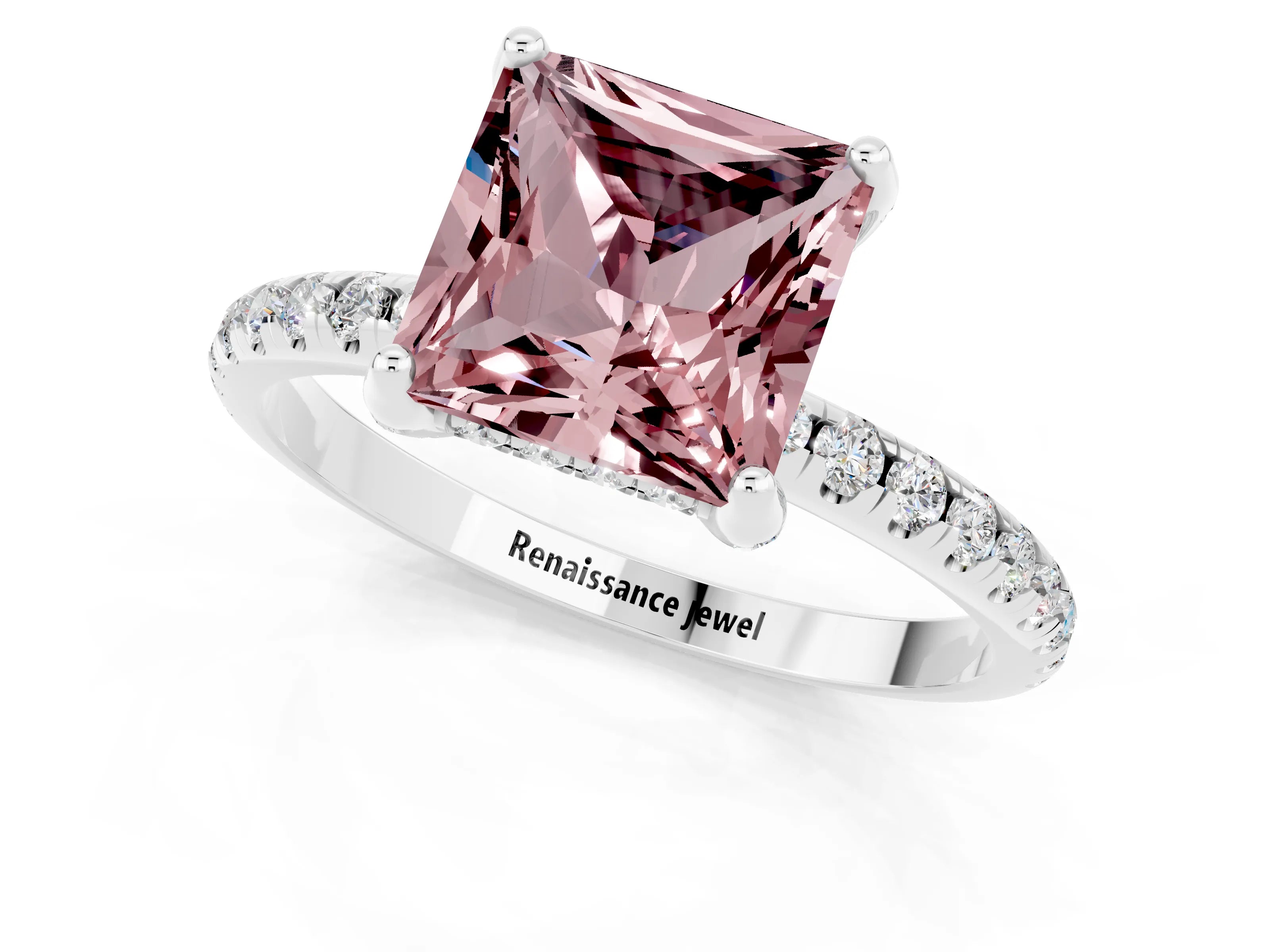 White gold Princess Cut Diamond Solitaire Ring with Four-Prong Setting and Pavé Band_1