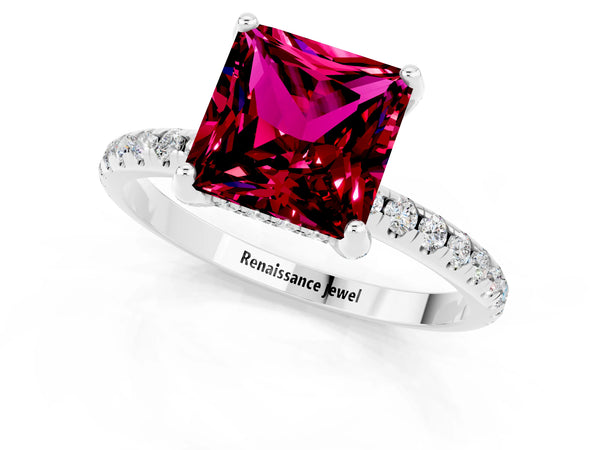 Platinum Princess Cut Garnet Hidden Halo Engagement Ring with Round Pavé Band and Prong Setting