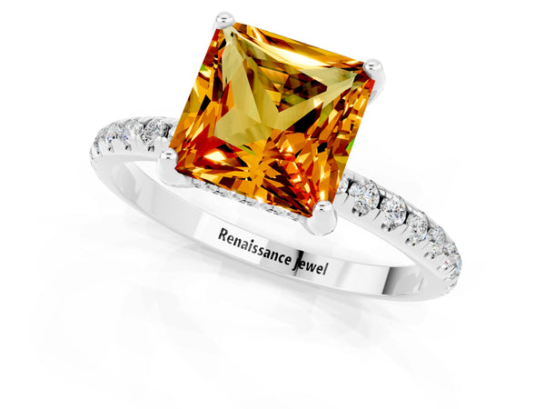 White gold Princess Cut Citrine Hidden Halo Engagement Ring with Round Pavé Band and Prong Setting