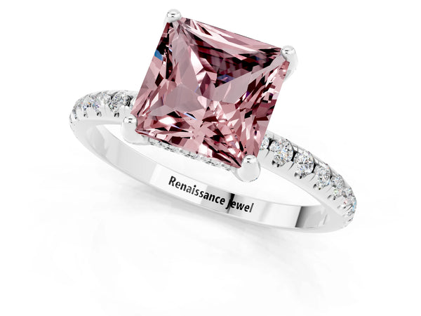 White gold Princess Cut Diamond Solitaire Ring with Four-Prong Setting and Pavé Band
