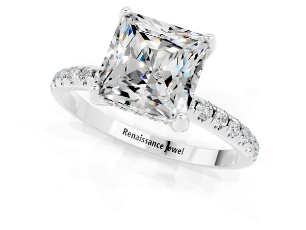 White gold Princess Cut Moissanite Hidden Halo Engagement Ring with Round Pavé Band and Prong Setting