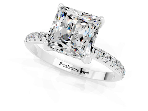 White gold Princess Cut Diamond Solitaire Ring with Four-Prong Setting and Pavé Band_1