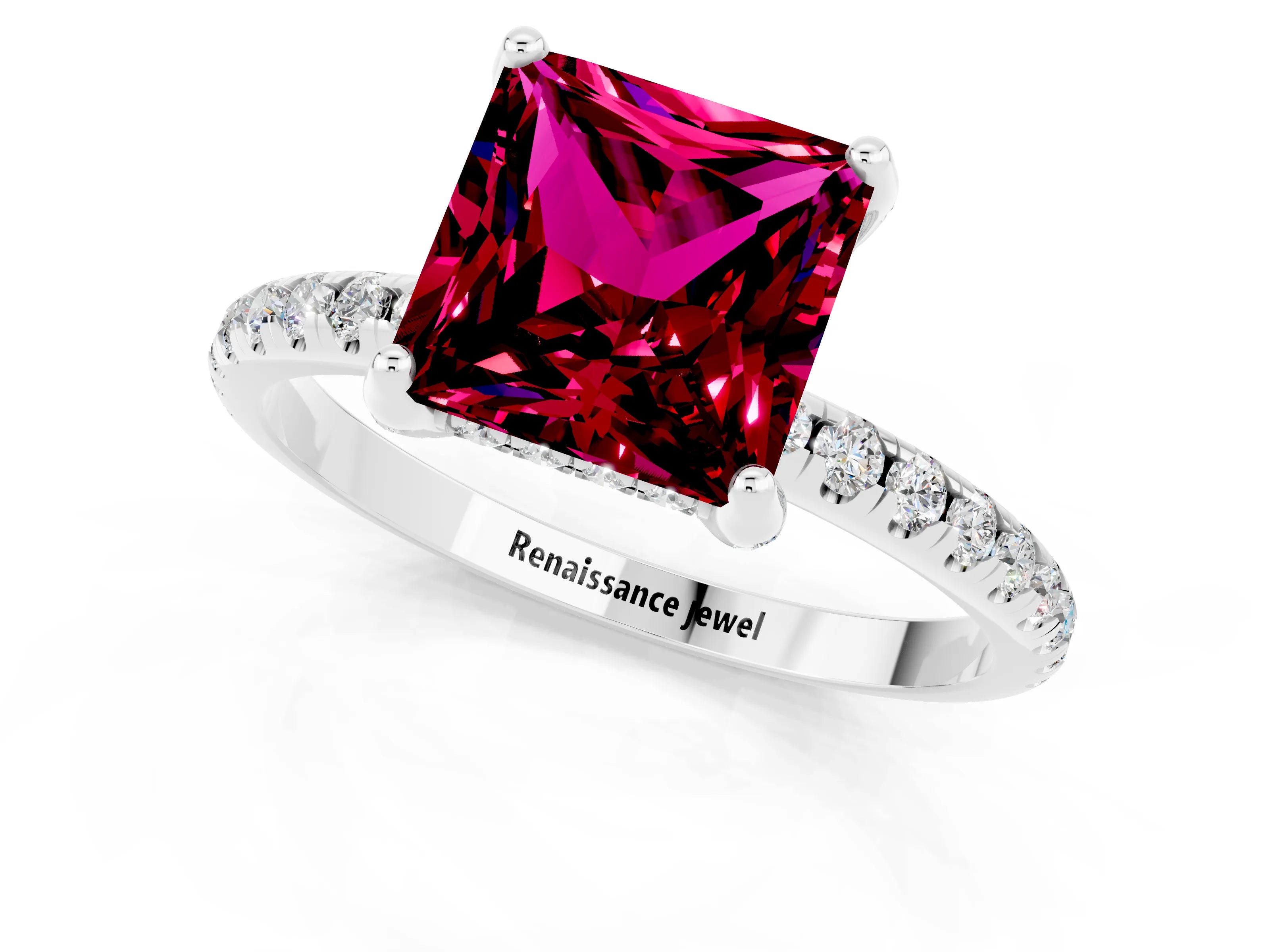 White gold Princess Cut Diamond Solitaire Ring with Four-Prong Setting and Pavé Band_1