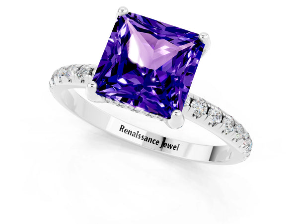 Platinum Princess Cut Tanzanite Hidden Halo Engagement Ring with Round Pavé Band and Prong Setting