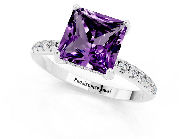 Platinum Princess Cut Amethyst Hidden Halo Engagement Ring with Round Pavé Band and Prong Setting