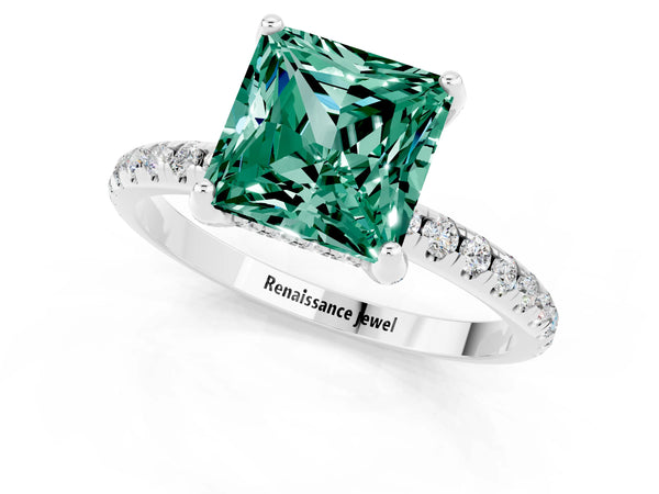 Platinum Princess Cut Green Sapphire Hidden Halo Engagement Ring with Round Pavé Band and Prong Setting