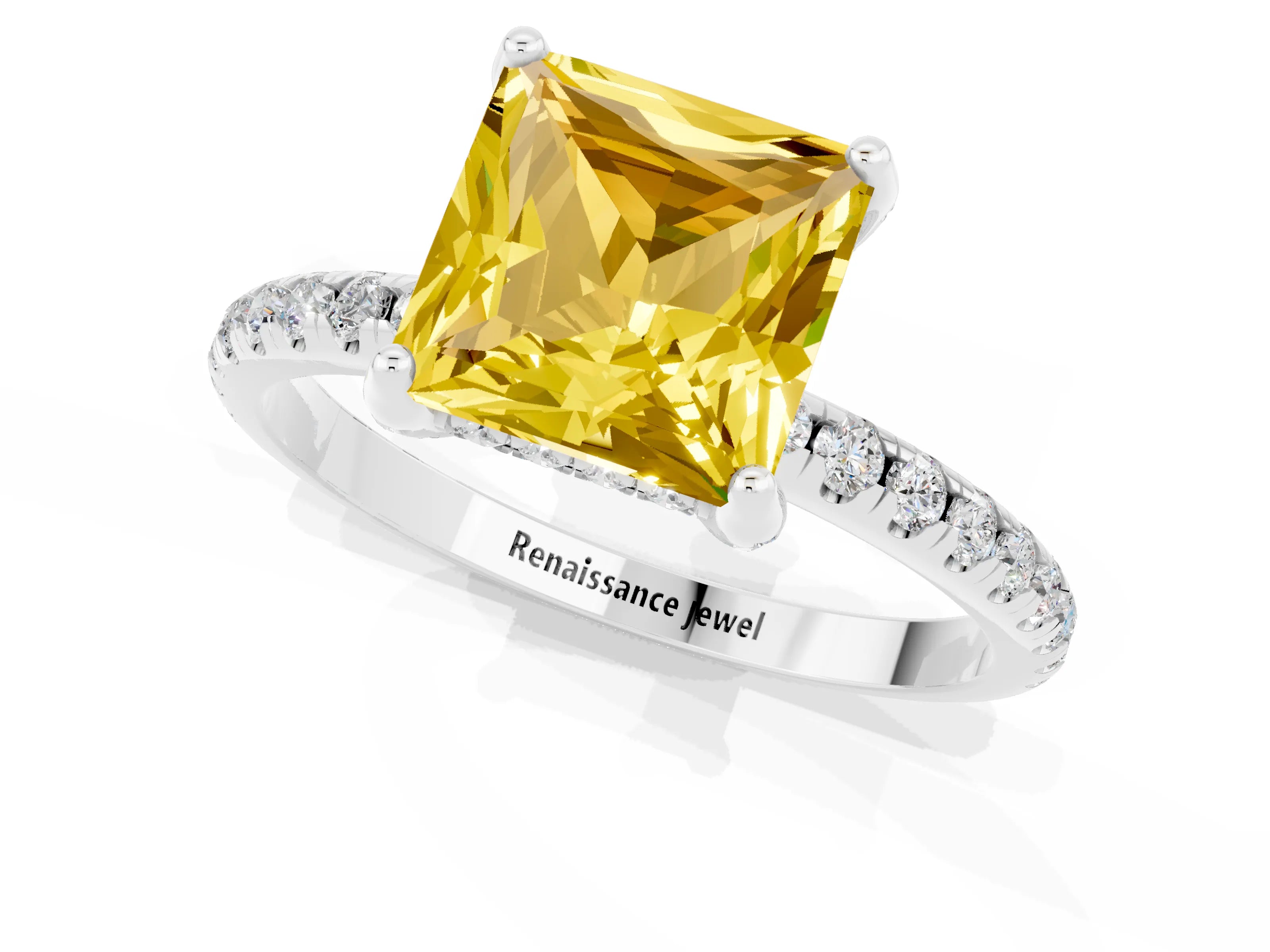 White gold Princess Cut Diamond Solitaire Ring with Four-Prong Setting and Pavé Band_1