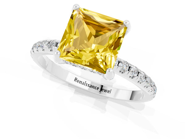 White gold Princess Cut Yellow Sapphire Hidden Halo Engagement Ring with Round Pavé Band and Prong Setting