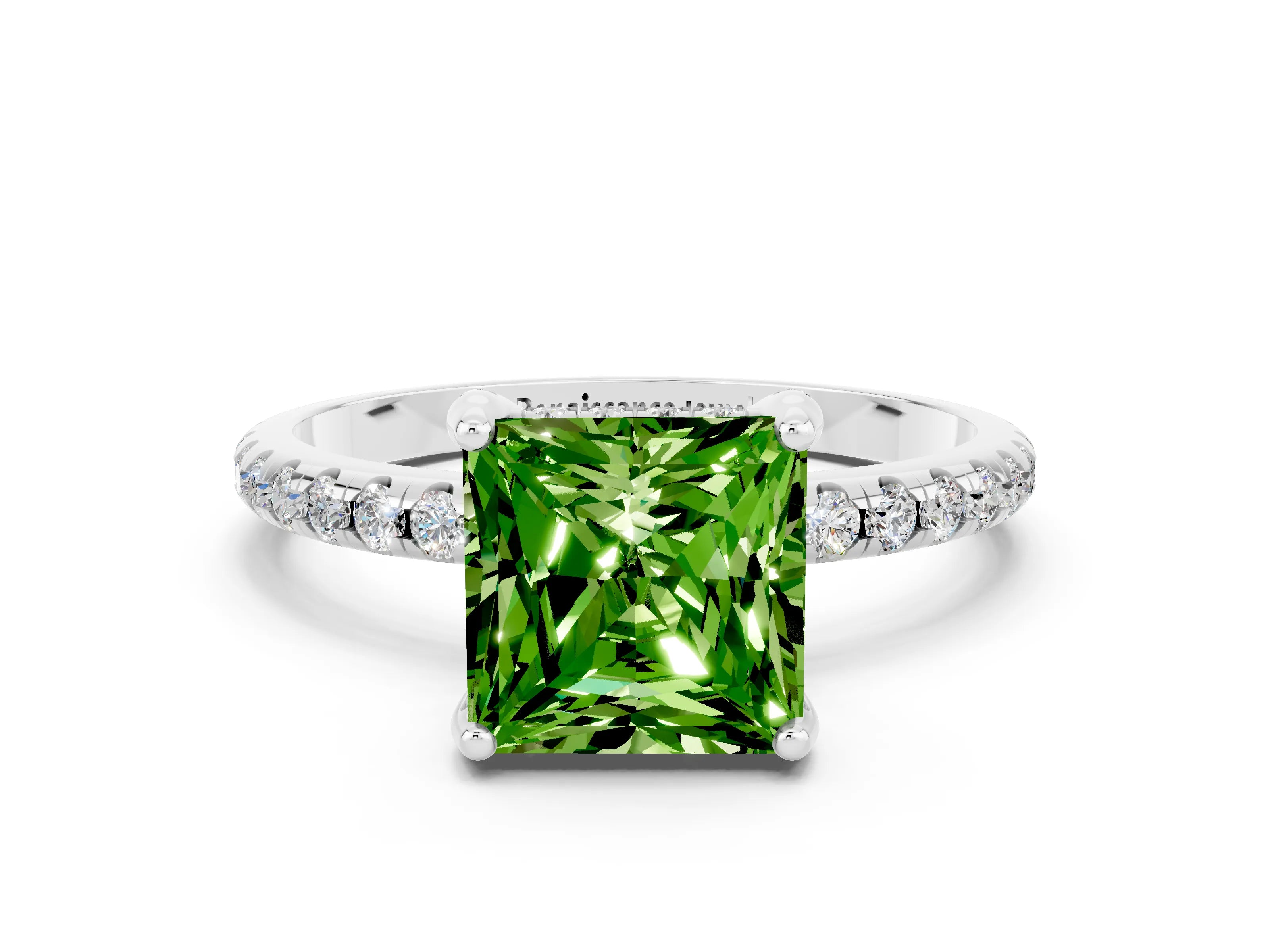 White gold Princess Cut Diamond Solitaire Ring with Four-Prong Setting and Pavé Band
