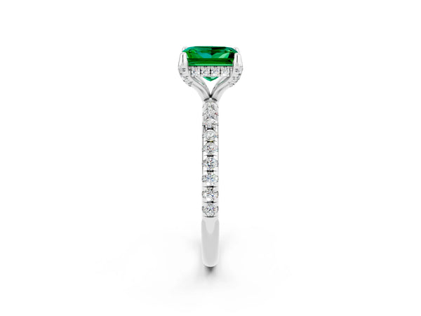 Platinum Princess Cut Emerald Hidden Halo Engagement Ring with Round Pavé Band and Prong Setting