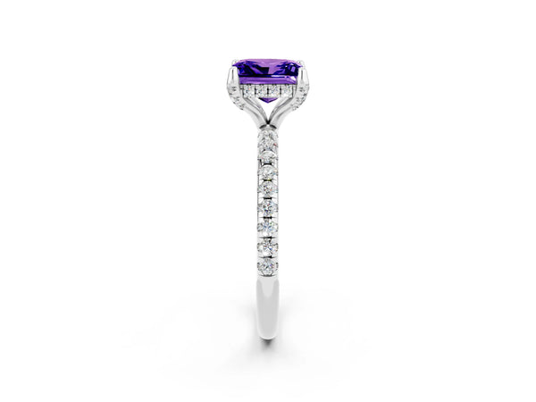 White gold Princess Cut Tanzanite Hidden Halo Engagement Ring with Round Pavé Band and Prong Setting