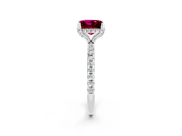 White gold Princess Cut Garnet Hidden Halo Engagement Ring with Round Pavé Band and Prong Setting