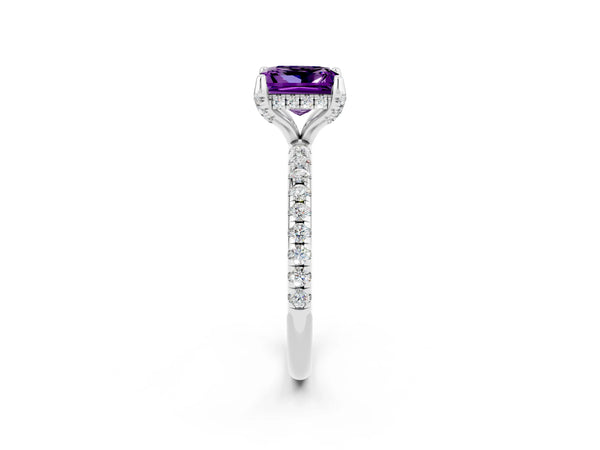 Platinum Princess Cut Amethyst Hidden Halo Engagement Ring with Round Pavé Band and Prong Setting