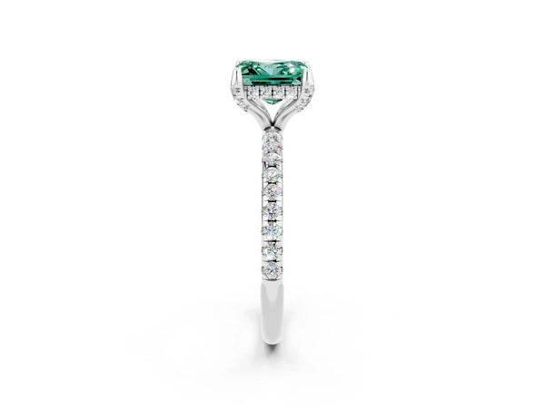 Platinum Princess Cut Green Sapphire Hidden Halo Engagement Ring with Round Pavé Band and Prong Setting