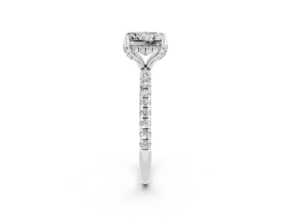 Platinum Princess Cut Moissanite Hidden Halo Engagement Ring with Round Pavé Band and Prong Setting