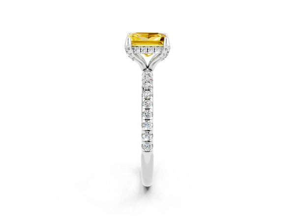 Platinum Princess Cut Yellow Sapphire Hidden Halo Engagement Ring with Round Pavé Band and Prong Setting
