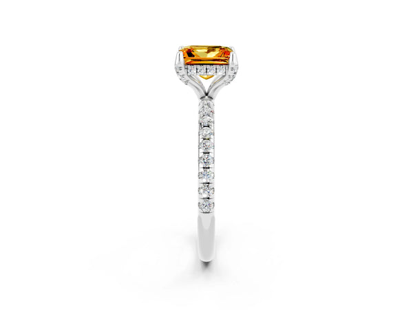 White gold Princess Cut Citrine Hidden Halo Engagement Ring with Round Pavé Band and Prong Setting