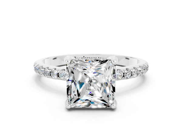 Silver Princess Cut Moissanite Hidden Halo Engagement Ring with Round Pavé Band and Prong Setting